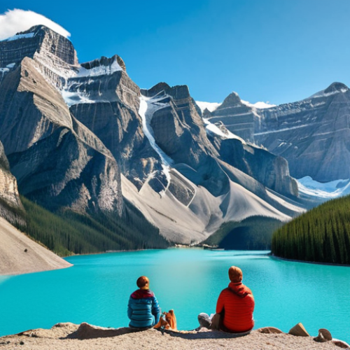 Home 11 **
Banff National Park, turquoise Lake Louise, towering mountains, family enjoying the view, sunny day.
**