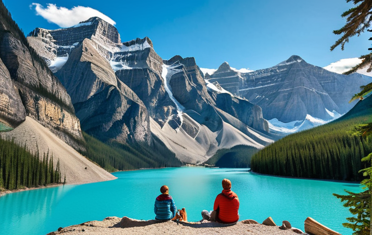 **
Banff National Park, turquoise Lake Louise, towering mountains, family enjoying the view, sunny day.
**