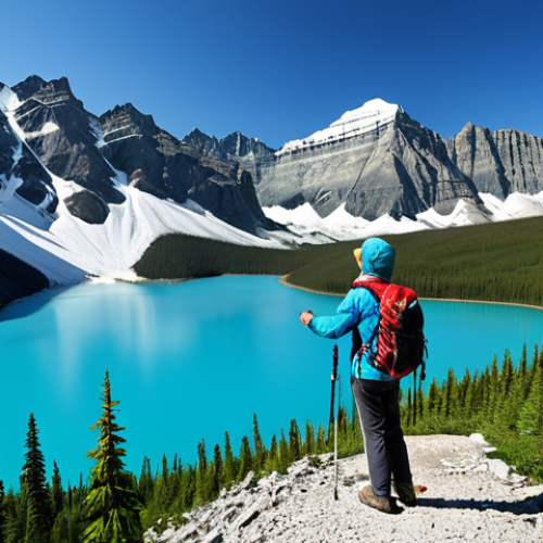 Home 6 **Prompt 1: Eco-Tourism and Natural Beauty**
A person, fully clothed in modest, durable outdoor adventure attire, stands in a natural pose on a hiking trail in the Canadian Rockies. Majestic, snow-capped mountains and pristine turquoise glacial lakes are visible in the background, surrounded by dense, lush evergreen forests under a clear blue sky. The scene is bathed in natural light, conveying a sense of vastness and tranquility. Perfect anatomy, correct proportions, well-formed hands, and proper finger count are maintained. High-quality professional photography, detailed, safe for work, appropriate content, family-friendly.